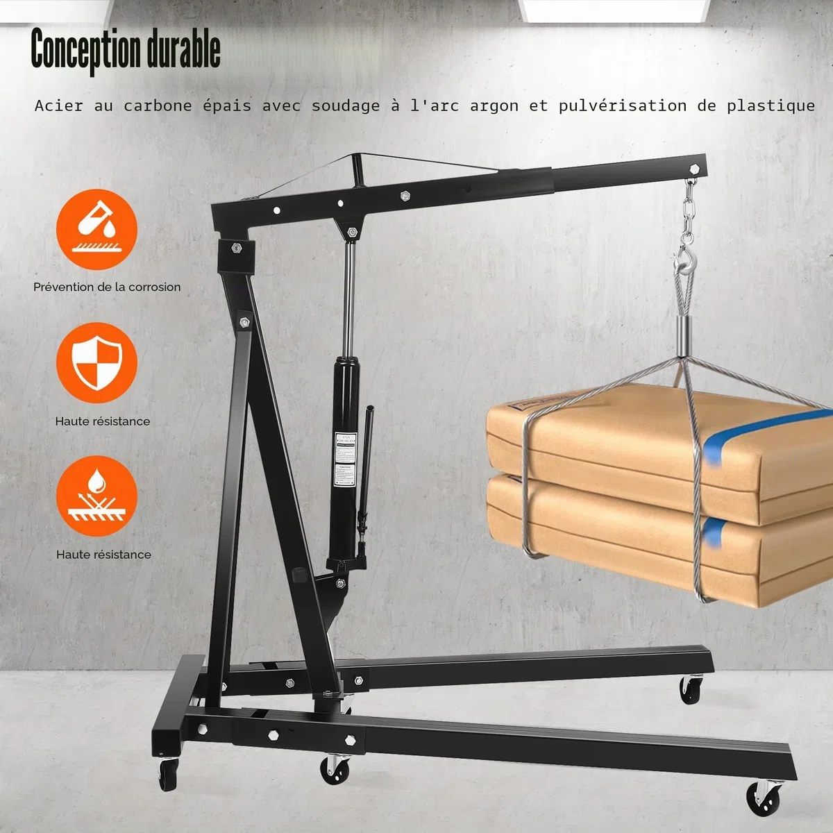 2000 kg Levier de moteur, grue d'atelier, grue pliante, quatre positions réglables (0,5 t, 1 t, 1,5 t et 2 t), plage de hauteur de levage 0-2,1 m, grue à charge lourde en acier au carbone avec 6