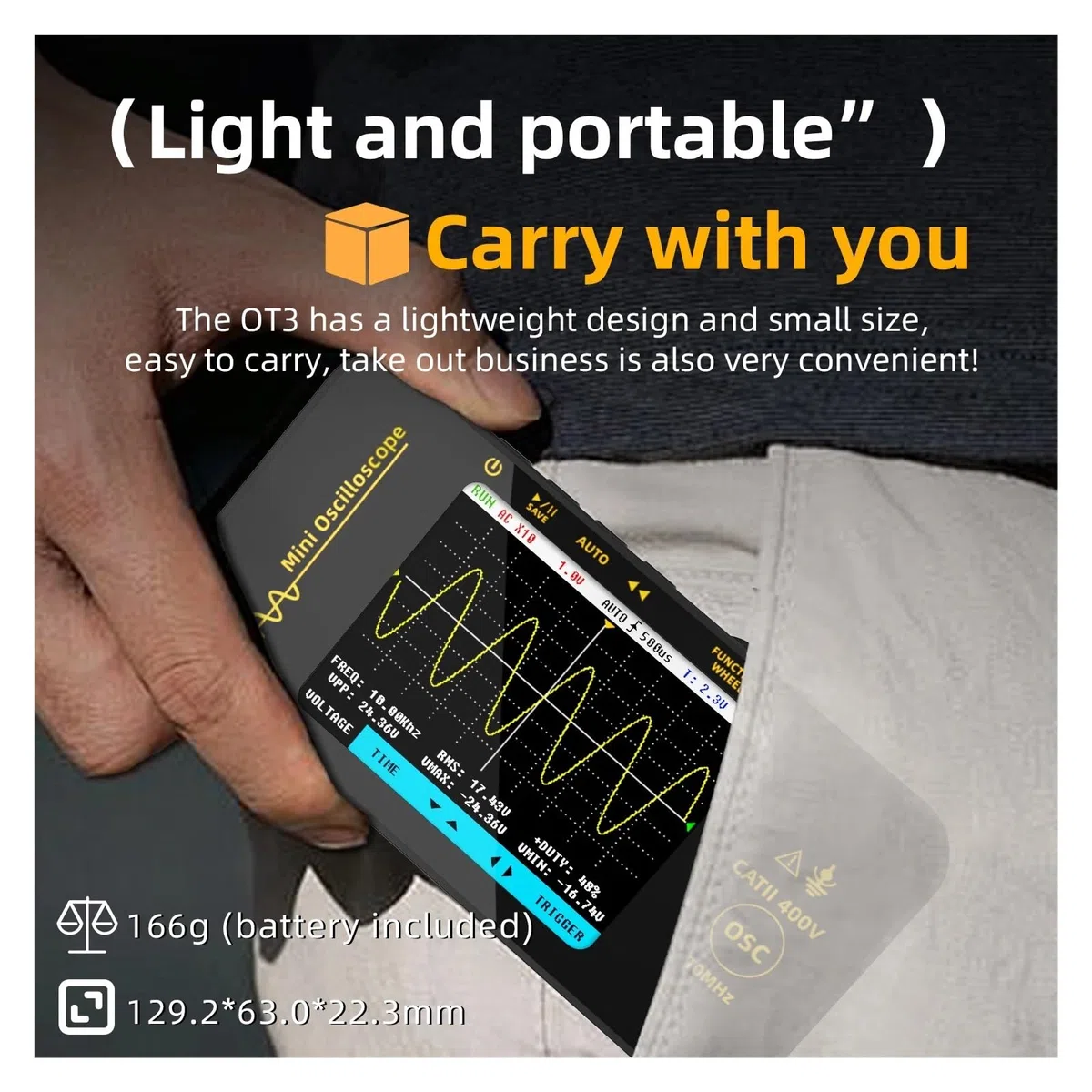 Oscilloscope portatif OT3 10MH/z/48MSa/s, Portable, for Automobile, Automatique, Normal, à déclenchement Unique, écran LCD TFT 3,2 Pouces, testeur numérique(OT3 (Standard))