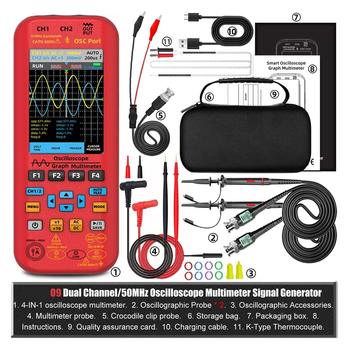 Oscilloscope Portable, multimètre numérique + générateur de signaux de Fonction, 4 en 1, Double Canal, 50 MHz/Z x 2, 280 MS/s, Compteur Graphique(O9 Kits)