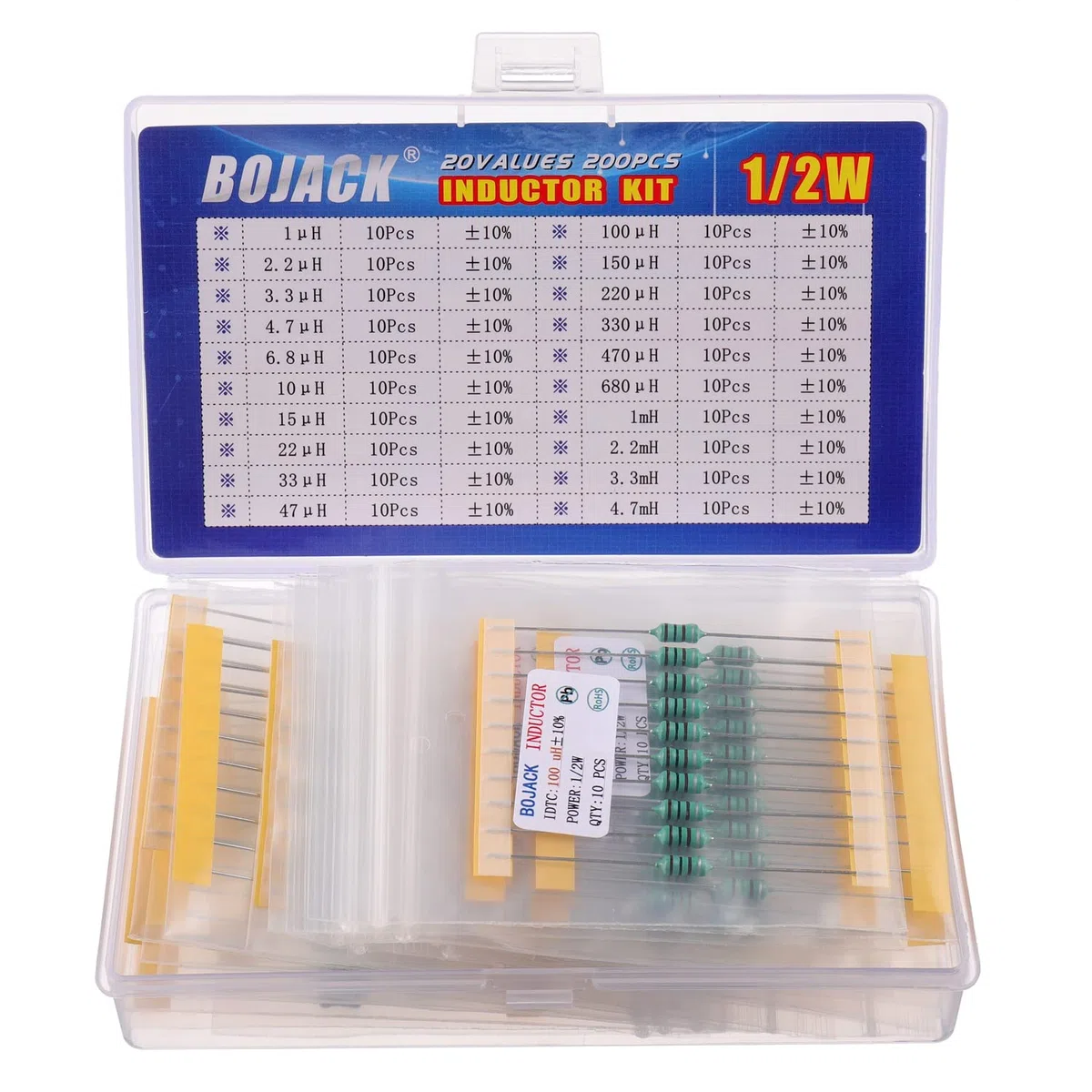 BOJACK 20 Valeurs 200 pièces Inductance 1 uH à 4,7 mH 0,5 W Inductance annulaire couleur 1/2 Watt Kit d'assortiment