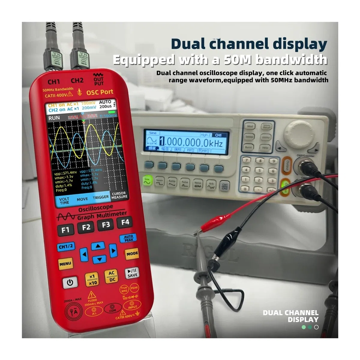 Oscilloscope portatif Double Canal O9 50MH/Z*2, multimètre numérique 20000 Mots + générateur de signaux de Fonction + Courant 2000 A