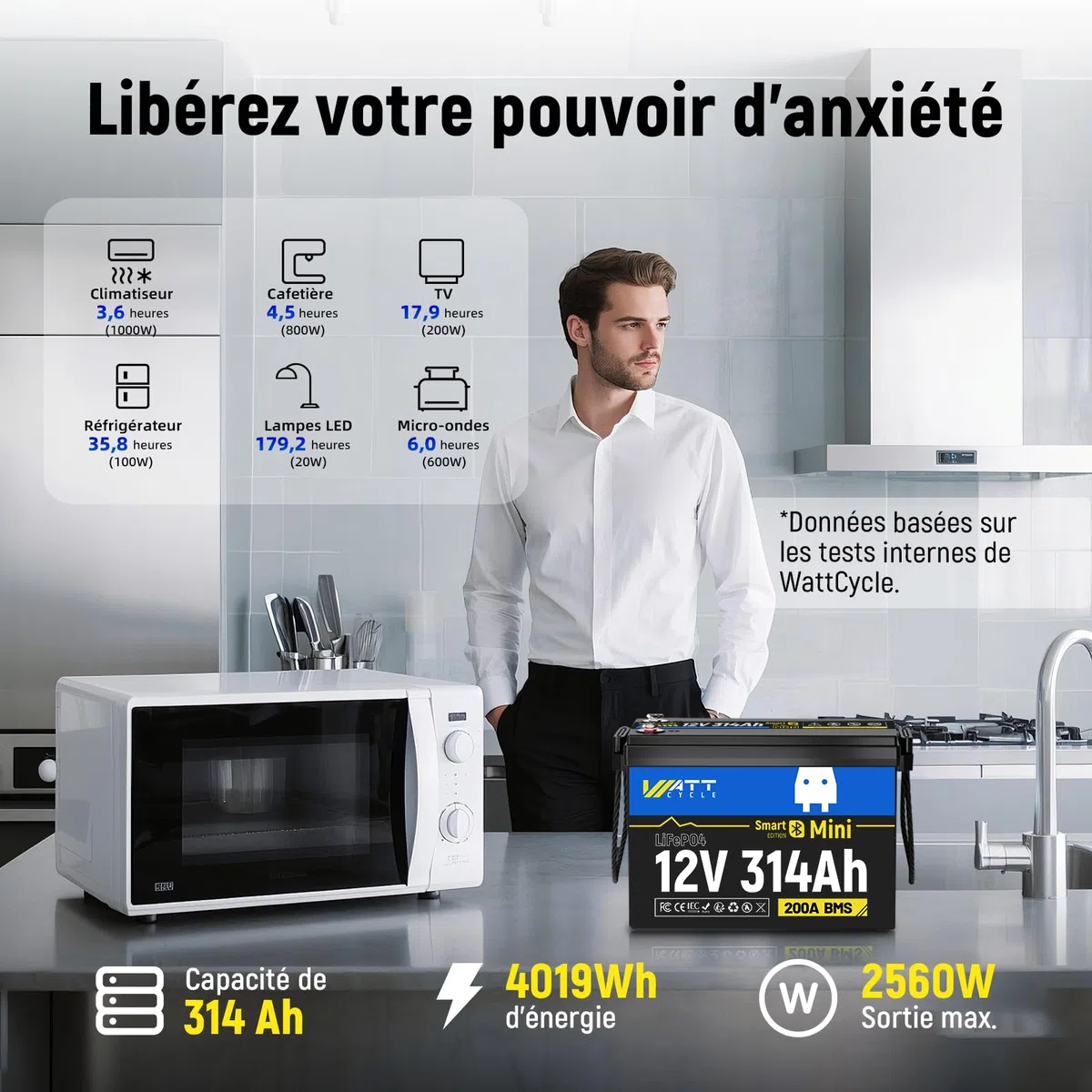 Wattcycle Batterie Lithium 12V 314Ah Bluetooth, Batterie lifepo4 4019Wh