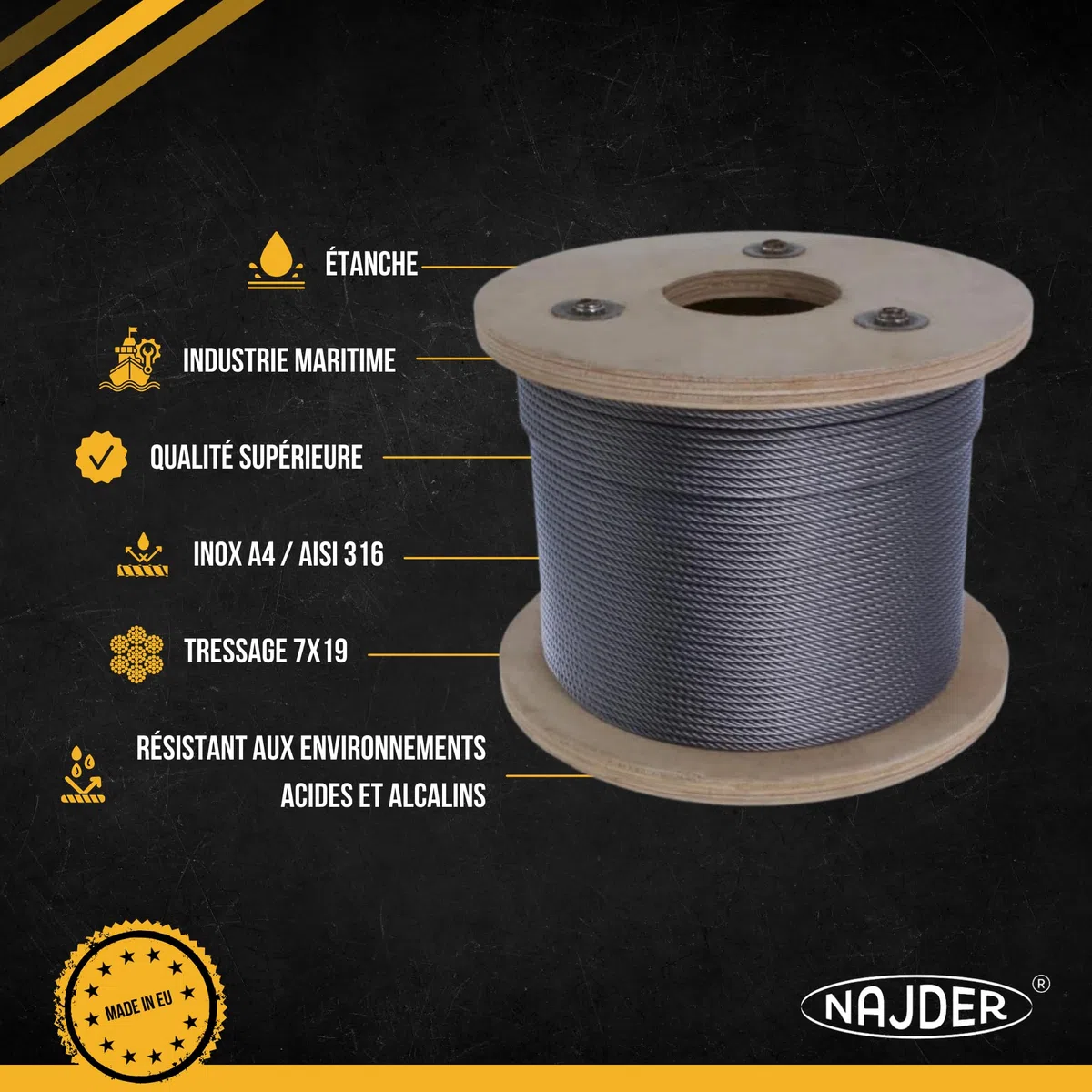 NAJDER Câble en Acier Inoxydable 4 mm, Câble Métallique, Longueur: 100m, Bobine de Fil D'Acier Inox Corde 7x19, Résistance à la Traction: 1570 MPa Construction, Bricolage, Décoration