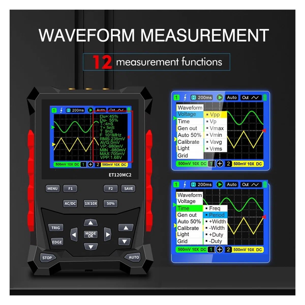 Générateur de signaux d'oscilloscope numérique Double Canal ET120MC2, 120 MH/z, 500 MSa/s, Mini oscilloscope Portable Automatique(ET120MC2)