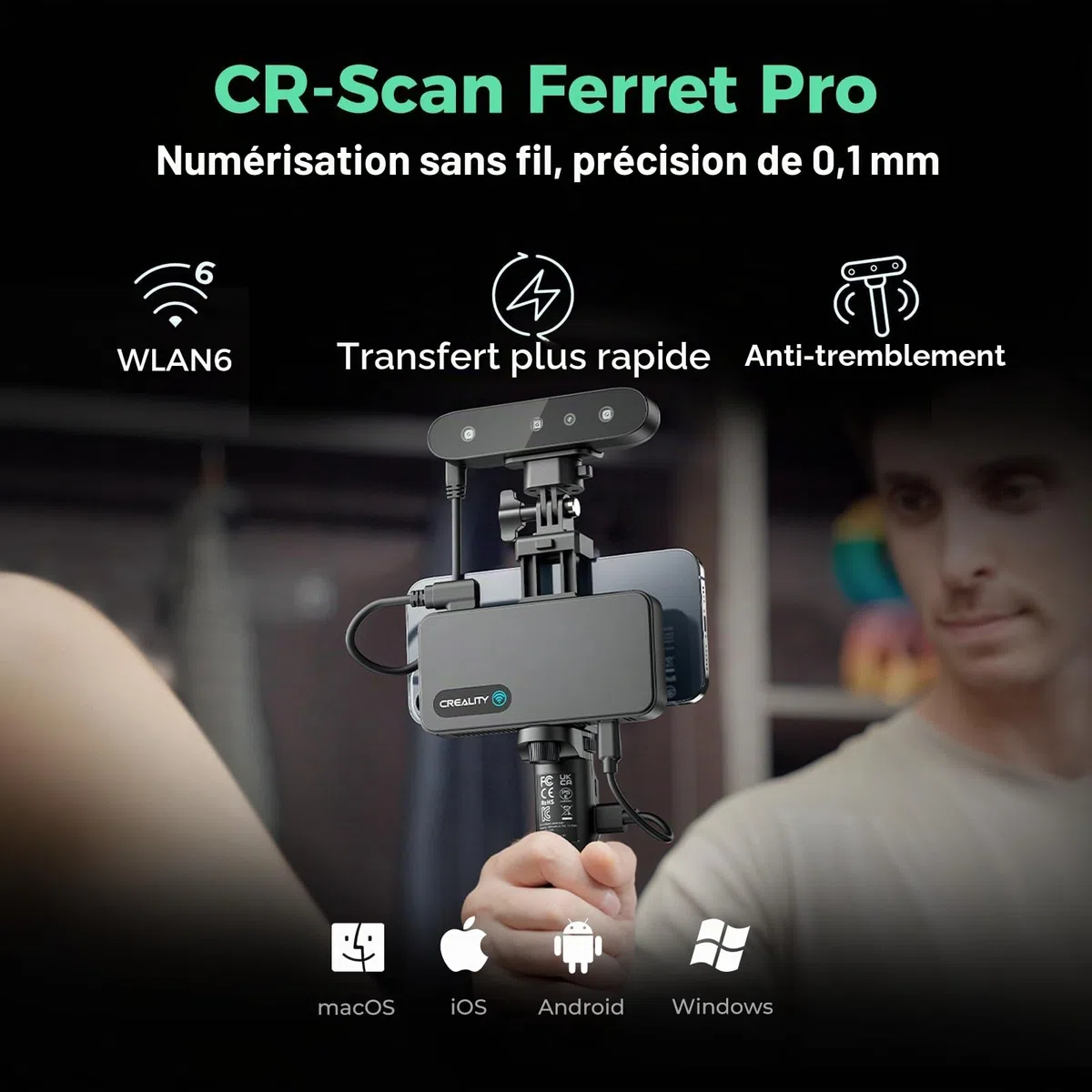 Creality CR-Scan Ferret Pro Scanner 3D pour impression 3D avec scan sans fil et suivi anti-tremblement, mise à niveau pour une numérisation rapide en couleur, précision de 0,1 mm, pour iOS, Android