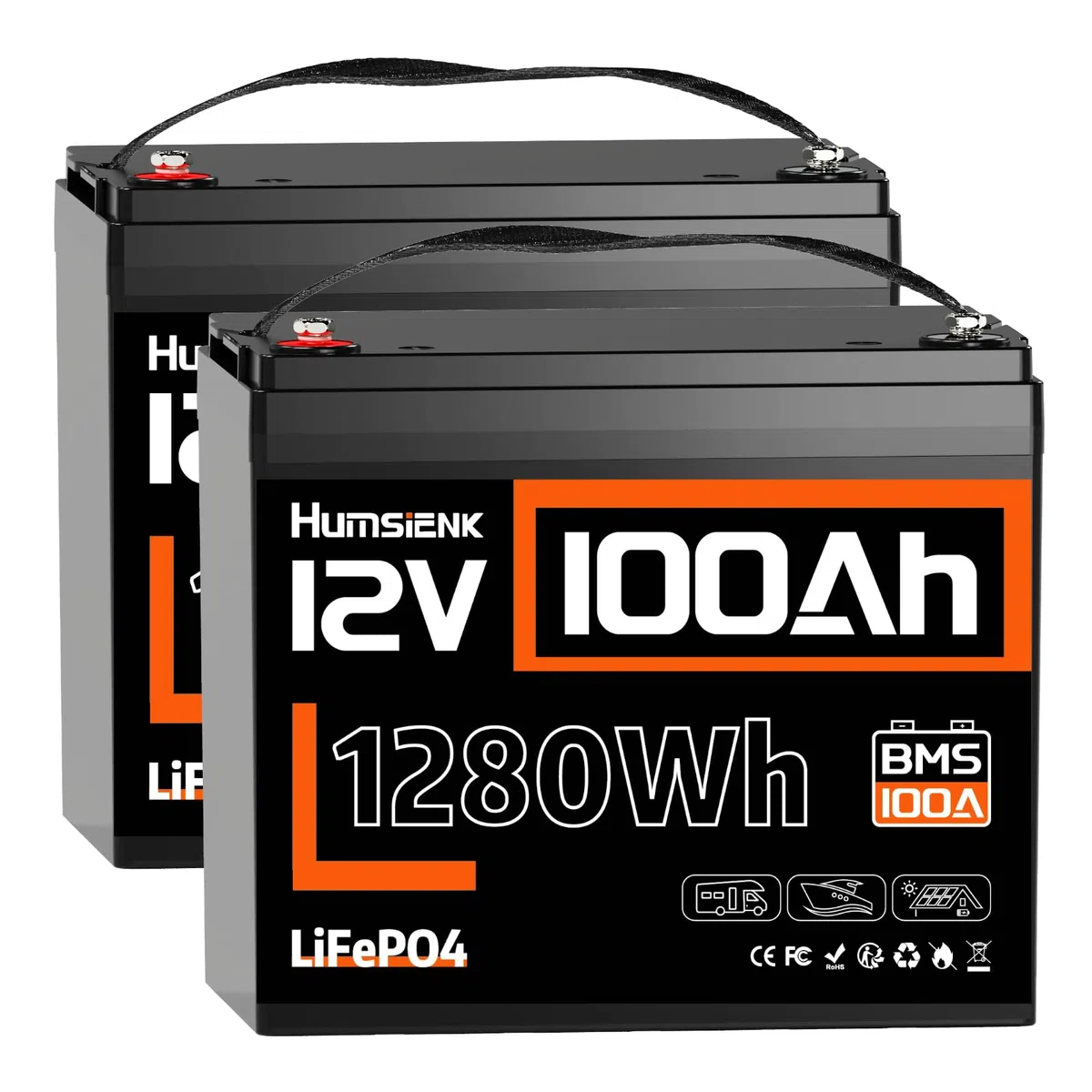 HumsiENK Lot de 2 Batteries Lithium LiFePO4 12V 100Ah, 1280Wh avec BMS Intelligent 100A, 15000 Cycles, 10 Ans de Durée de Vie, Idéales pour Camping-Car, Énergie Solaire, Hors Réseau, Moteur