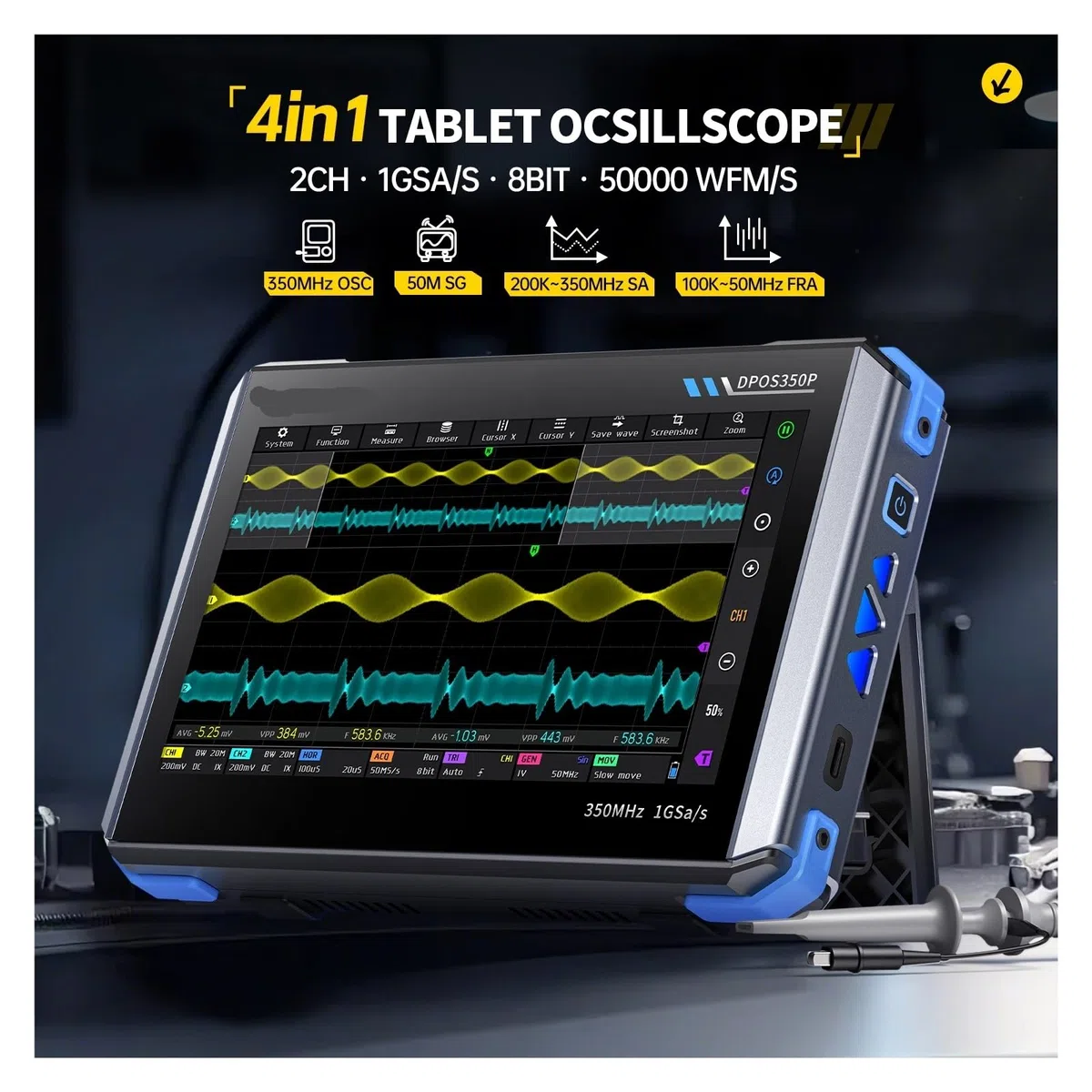 Oscilloscope IPS 7" 2 canaux 350 MHz/s, générateur de signaux 1 Géch/s, analyseur de réponse en fréquence spectrale 50 MHz/s, mémoire 60 kbit/s