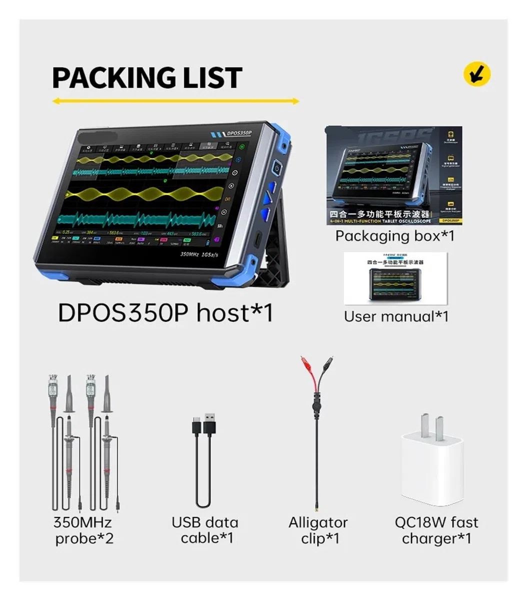 Oscilloscope IPS 7" 2 canaux 350 MHz/s, générateur de signaux 1 Géch/s, analyseur de réponse en fréquence spectrale 50 MHz/s, mémoire 60 kbit/s
