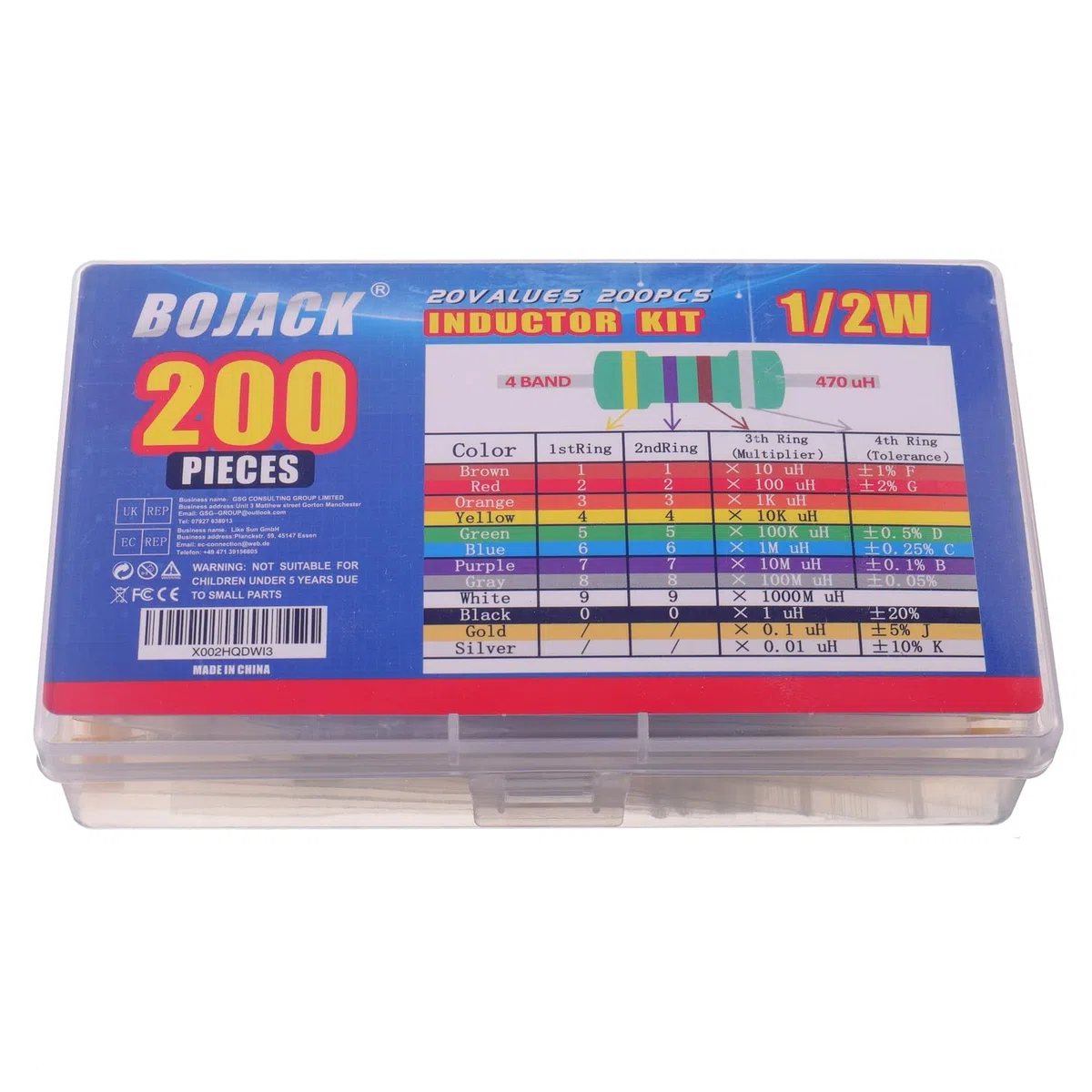 BOJACK 20 Valeurs 200 pièces Inductance 1 uH à 4,7 mH 0,5 W Inductance annulaire couleur 1/2 Watt Kit d'assortiment