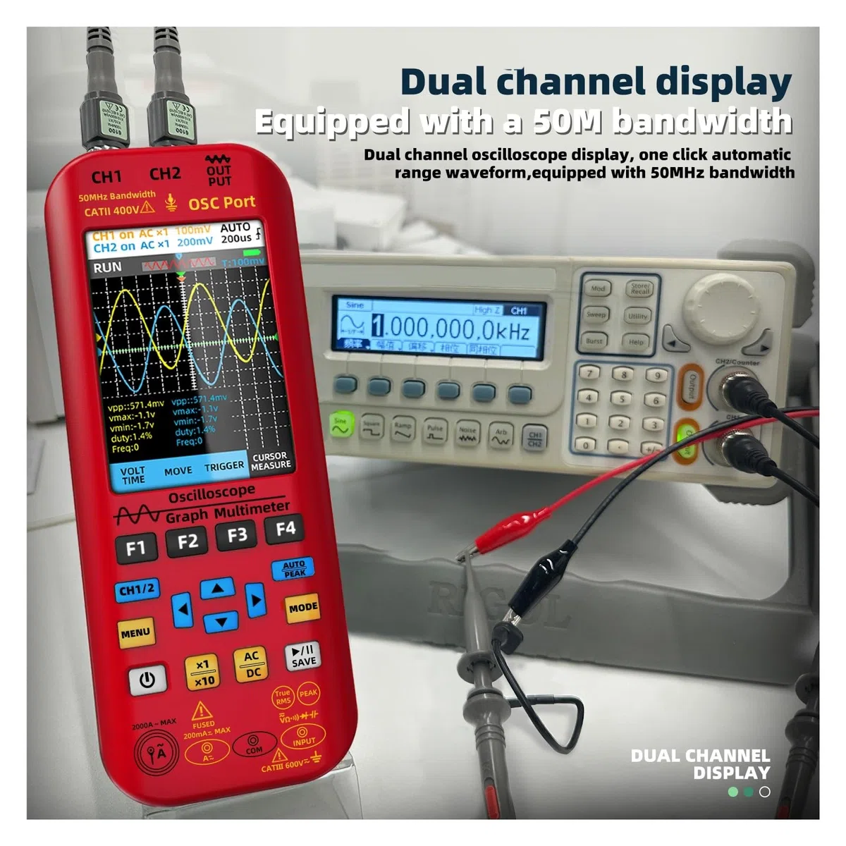 Oscilloscope Portable, multimètre numérique + générateur de signaux de Fonction, 4 en 1, Double Canal, 50 MHz/Z x 2, 280 MS/s, Compteur Graphique(O9 Kits)