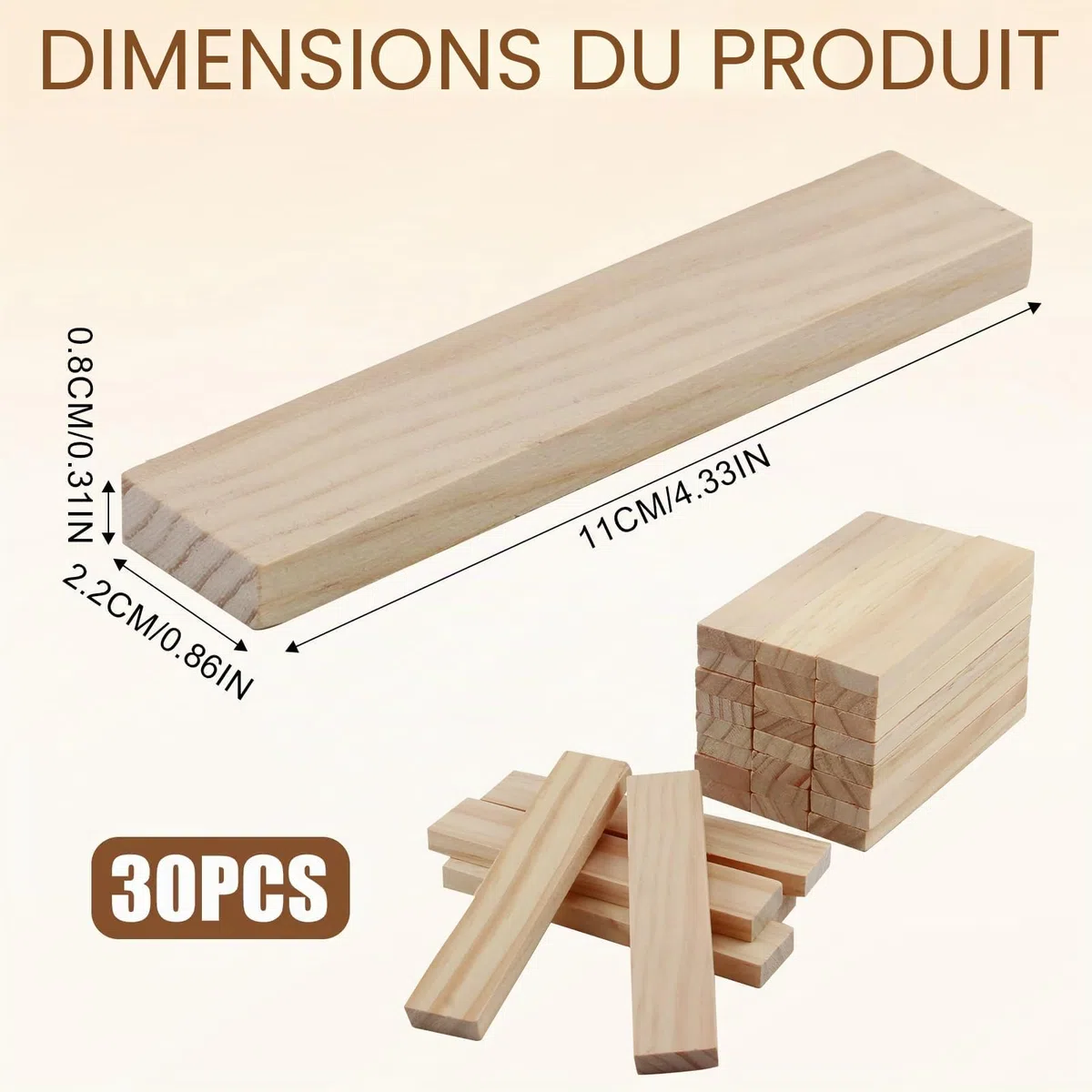 Ensemble de 30 Pièces, Planches Rectangulaires en Bois de pin Bois Non Fini 112 x 22 x 8 mm, pour Bricolage, Décoration, Construction et Lambris