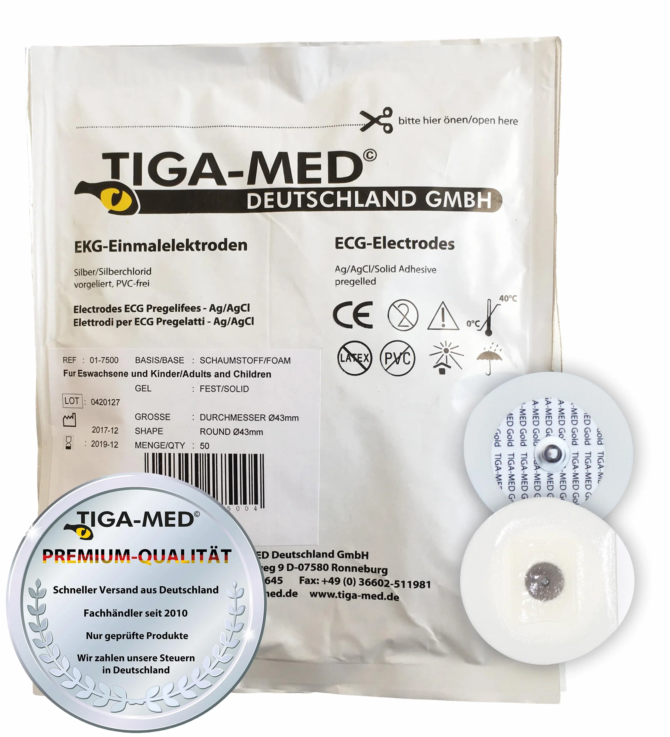 TIGA-MED Électrodes ECG jetables – Gel solide Ag/AgCl, connexion bouton-pression (Snap), hypoallergéniques & sans latex, 1000 pièces (20×50), Ø 43 mm, Fabriquées dans l’UE