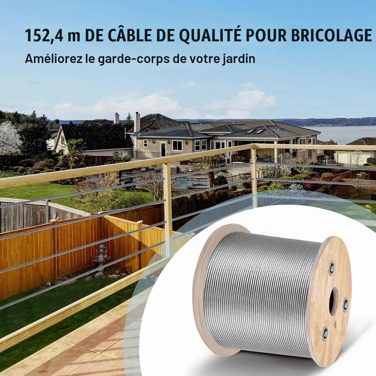 VEVOR Cable Inox 150 m Câble Métallique Acier Inoxydable 4,76 mm mm Bobine Fil de Suspension 7x19 Brins Résistance à Rupture 1678 kg pour Rampes d'Escalier Corde à Linge Suspendre Guirlande Lumineuse