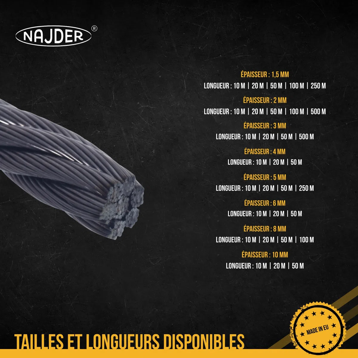 NAJDER Câble en Acier Inoxydable 4 mm, Câble Métallique, Longueur: 100m, Bobine de Fil D'Acier Inox Corde 7x19, Résistance à la Traction: 1570 MPa Construction, Bricolage, Décoration