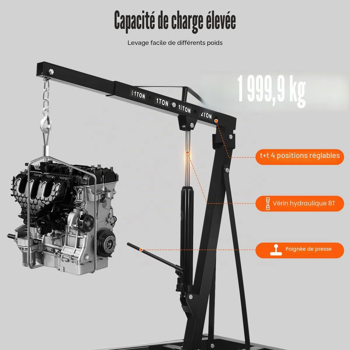 2000 kg Levier de moteur, grue d'atelier, grue pliante, quatre positions réglables (0,5 t, 1 t, 1,5 t et 2 t), plage de hauteur de levage 0-2,1 m, grue à charge lourde en acier au carbone avec 6