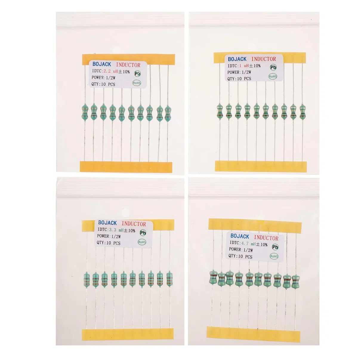 BOJACK 20 Valeurs 200 pièces Inductance 1 uH à 4,7 mH 0,5 W Inductance annulaire couleur 1/2 Watt Kit d'assortiment