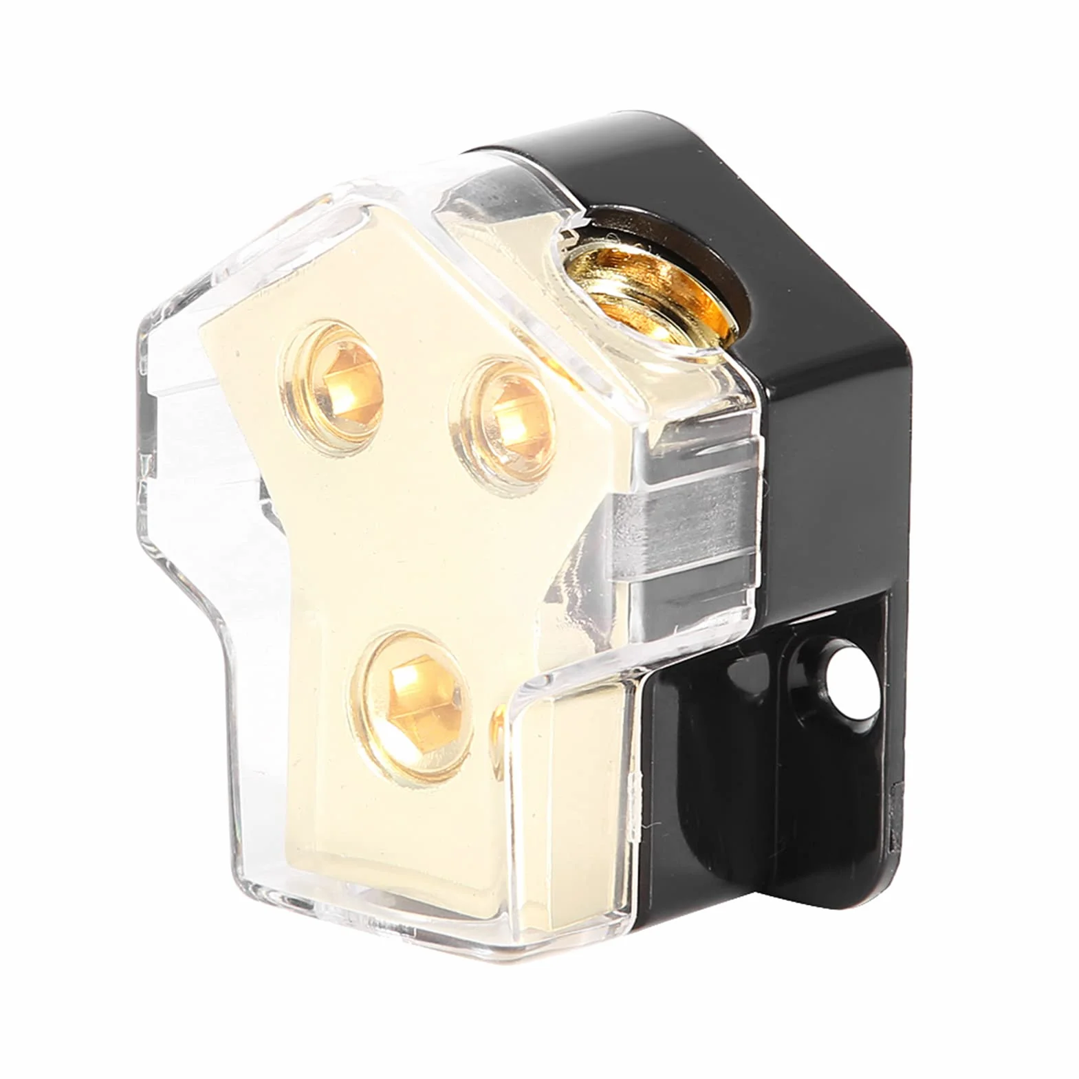 Bloc de Distribution Audio 1GA vers 2x4GA, Répartiteur d'Alimentation pour Ampli Voiture, Connecteurs Plaqués Or, Boîtier Transparent