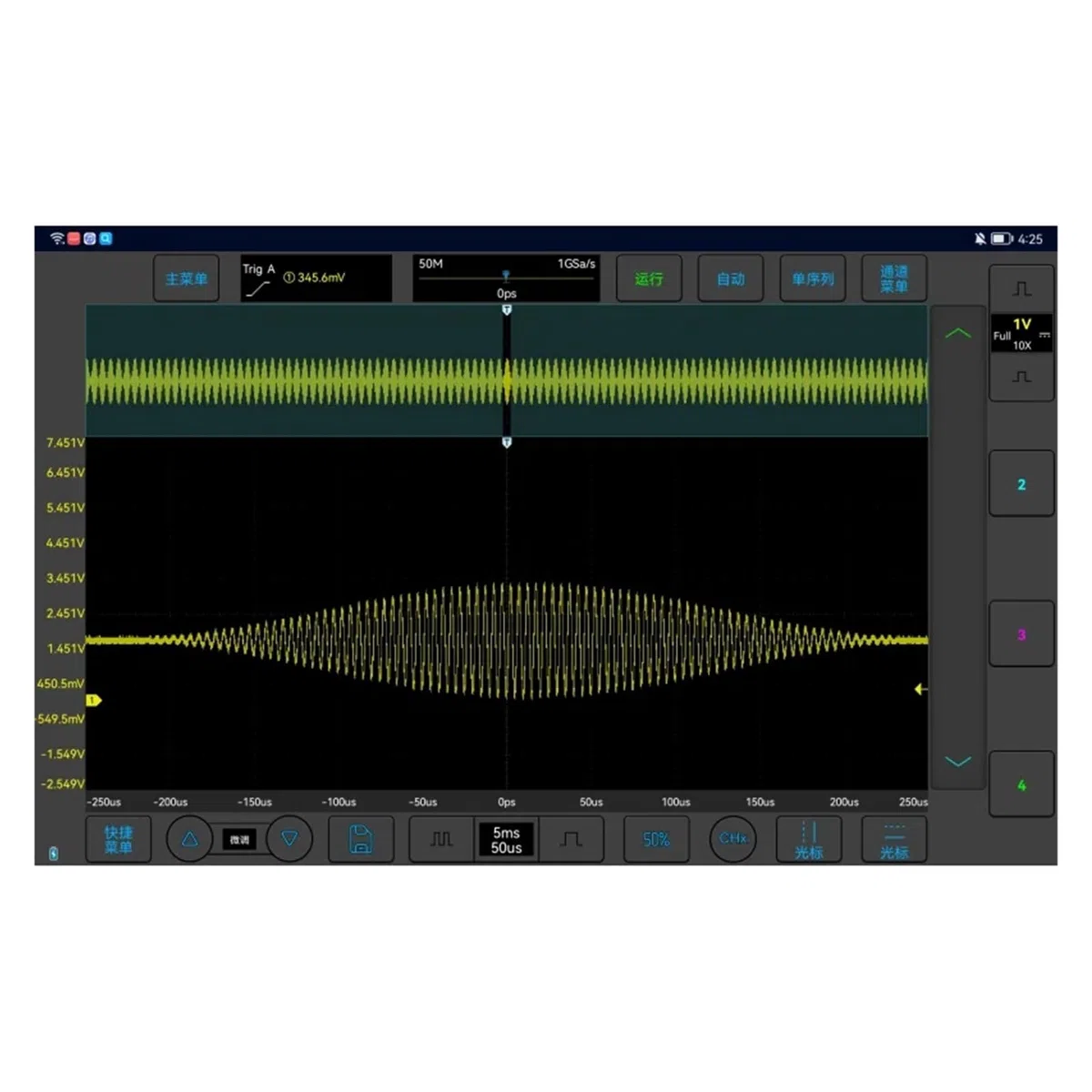 Oscilloscope VTO2004: Bande passante de 200MHz/z, 4canaux, fréquence d'échantillonnage de 1Géch/s et mémoire de 50Mpts