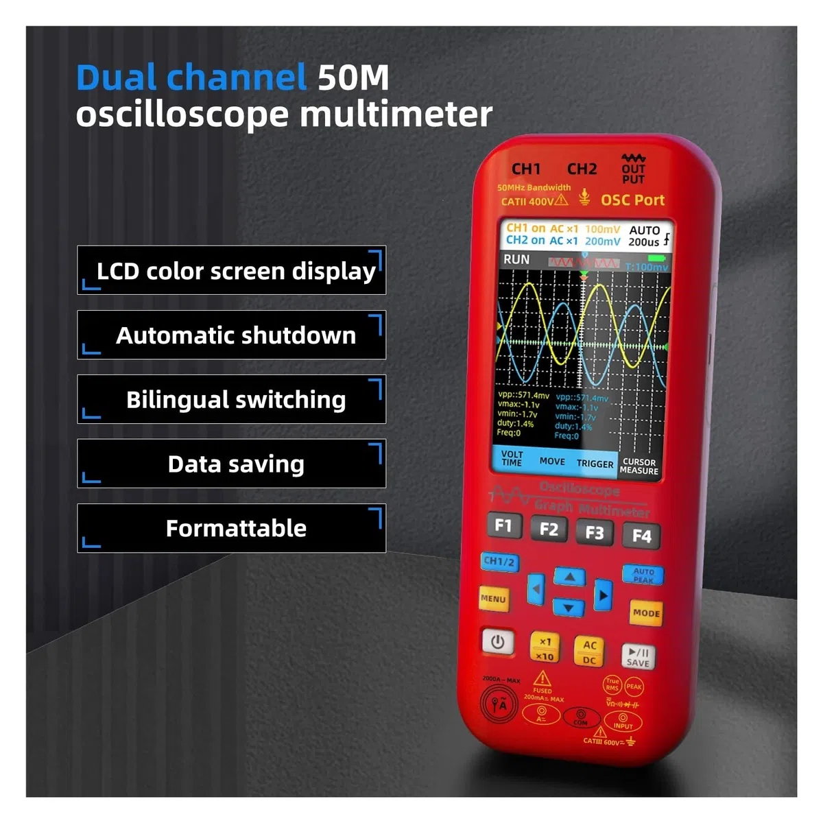 Oscilloscope Portable, multimètre numérique + générateur de signaux de Fonction, 4 en 1, Double Canal, 50 MHz/Z x 2, 280 MS/s, Compteur Graphique(O9 Kits)