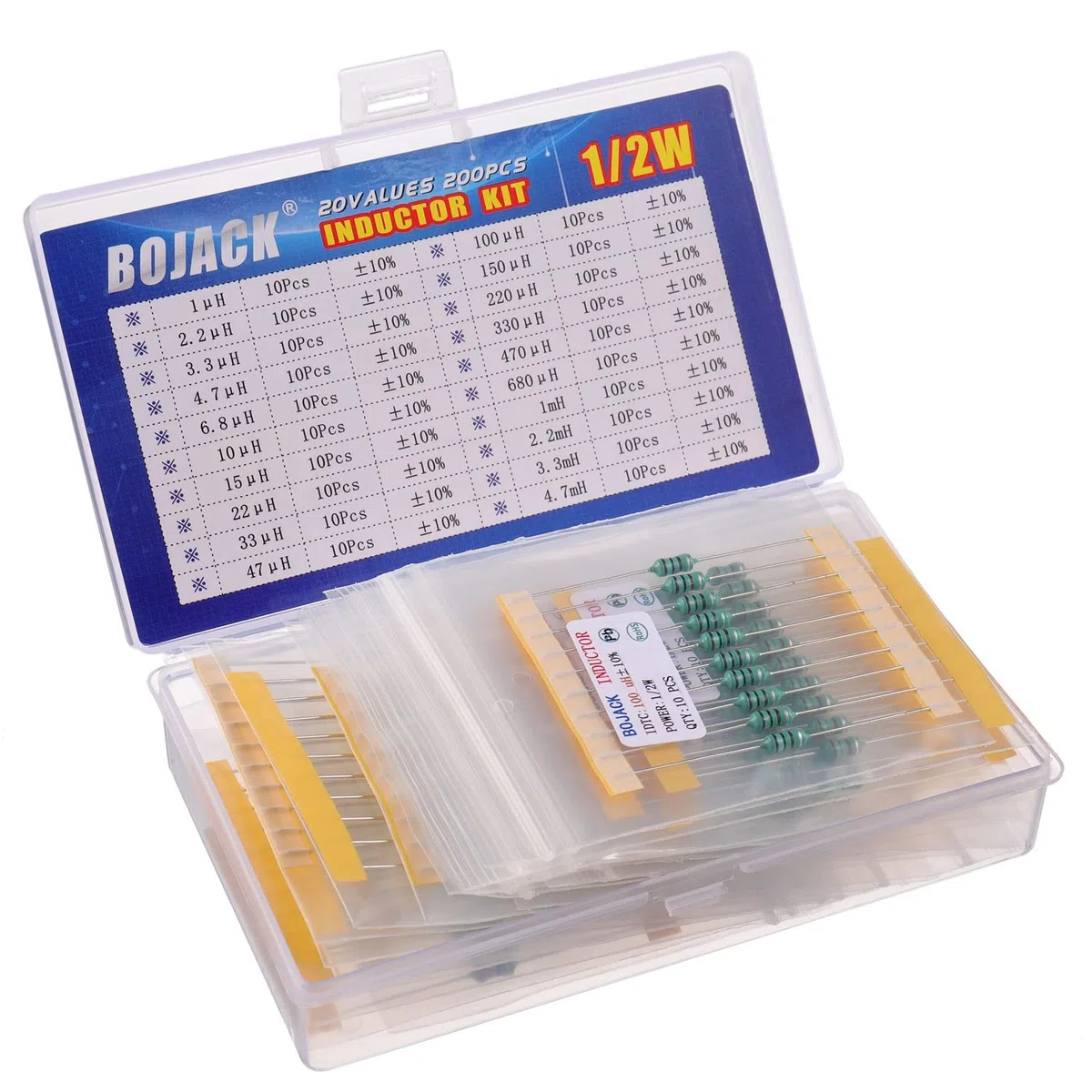 BOJACK 20 Valeurs 200 pièces Inductance 1 uH à 4,7 mH 0,5 W Inductance annulaire couleur 1/2 Watt Kit d'assortiment