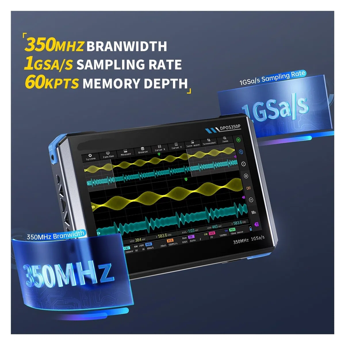 Oscilloscope IPS 7" 2 canaux 350 MHz/s, générateur de signaux 1 Géch/s, analyseur de réponse en fréquence spectrale 50 MHz/s, mémoire 60 kbit/s
