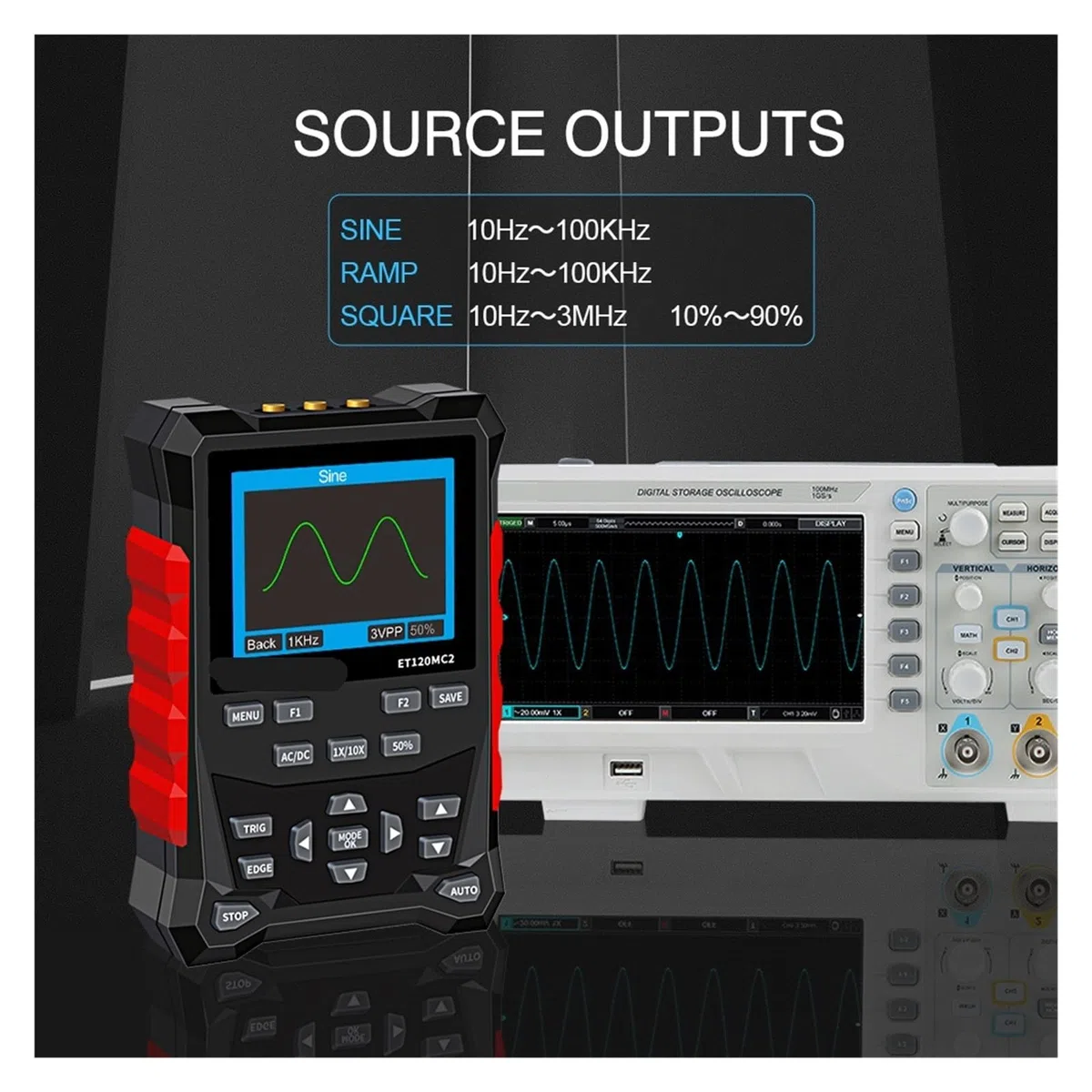 Générateur de signaux d'oscilloscope numérique Double Canal ET120MC2, 120 MH/z, 500 MSa/s, Mini oscilloscope Portable Automatique(ET120MC2)