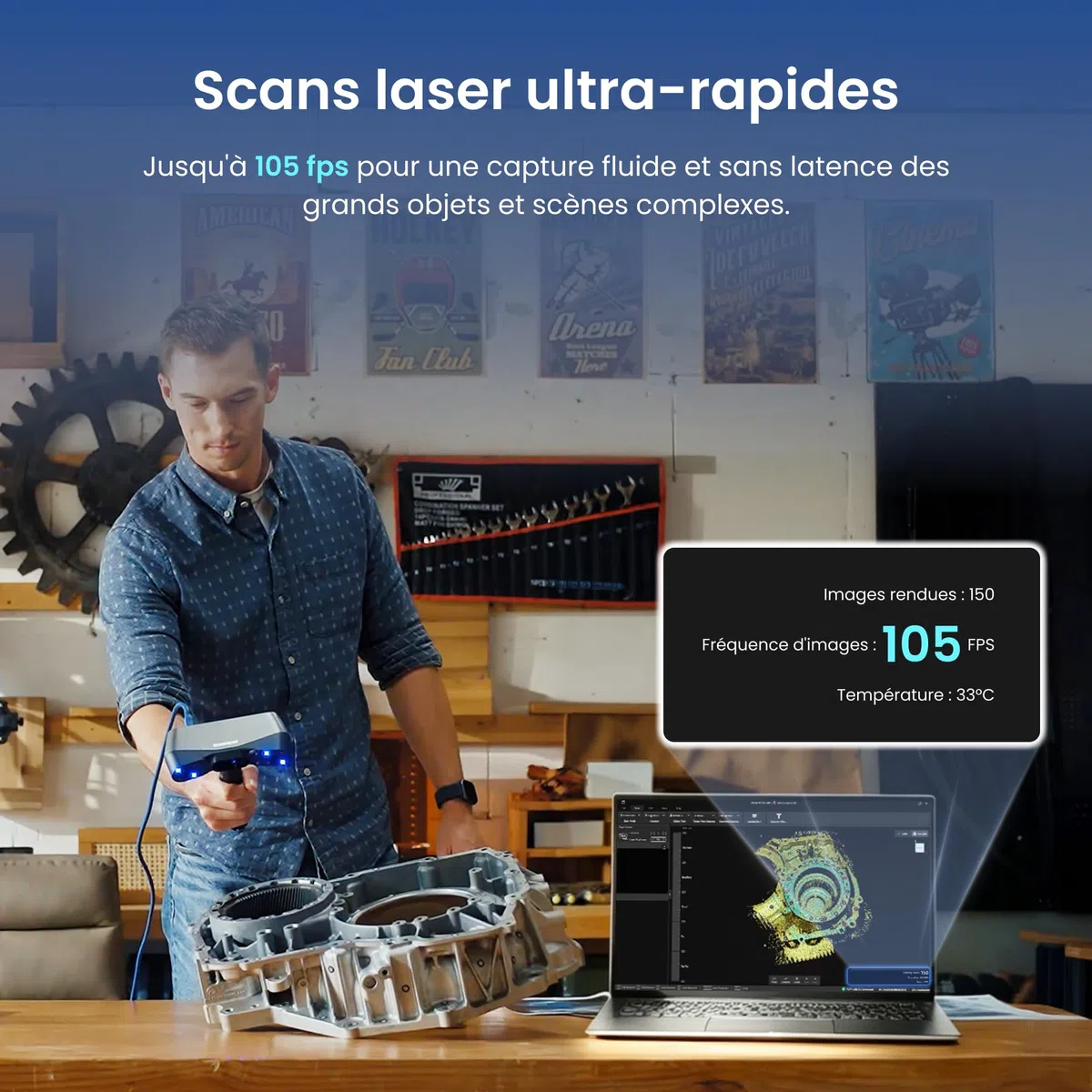 Revopoint POP 4 Scanner 3D, Laser Bleu 0.03mm, Segmentation IA, Standard