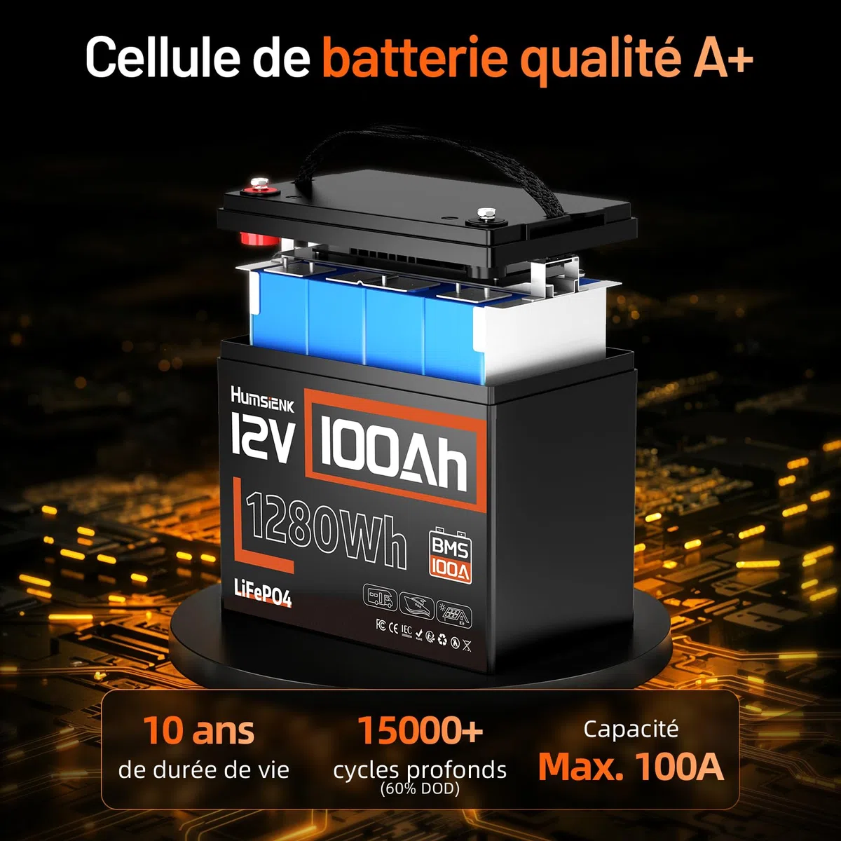 HumsiENK Lot de 2 Batteries Lithium LiFePO4 12V 100Ah, 1280Wh avec BMS Intelligent 100A, 15000 Cycles, 10 Ans de Durée de Vie, Idéales pour Camping-Car, Énergie Solaire, Hors Réseau, Moteur