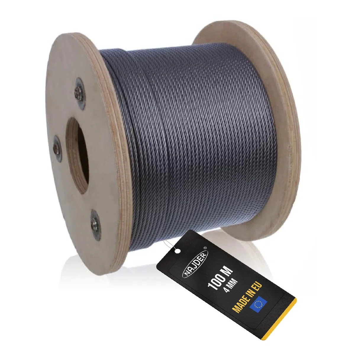 NAJDER Câble en Acier Inoxydable 4 mm, Câble Métallique, Longueur: 100m, Bobine de Fil D'Acier Inox Corde 7x19, Résistance à la Traction: 1570 MPa Construction, Bricolage, Décoration