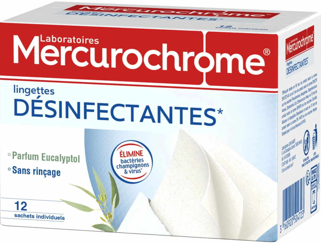 MERCUROCHROME - Lingettes Désinfectantes Individuelles - Eliminent Bactéries Champignons/Virus - 12 Sachets