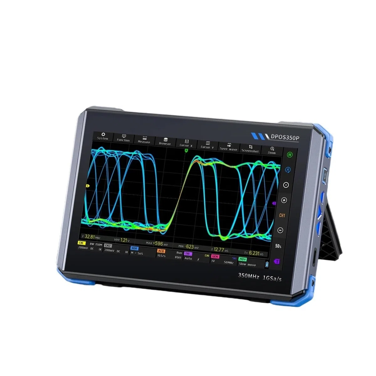 Oscilloscope IPS 7" 2 canaux 350 MHz/s, générateur de signaux 1 Géch/s, analyseur de réponse en fréquence spectrale 50 MHz/s, mémoire 60 kbit/s