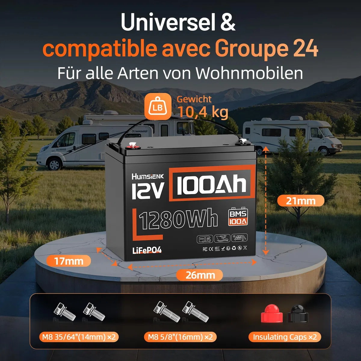 HumsiENK Lot de 2 Batteries Lithium LiFePO4 12V 100Ah, 1280Wh avec BMS Intelligent 100A, 15000 Cycles, 10 Ans de Durée de Vie, Idéales pour Camping-Car, Énergie Solaire, Hors Réseau, Moteur
