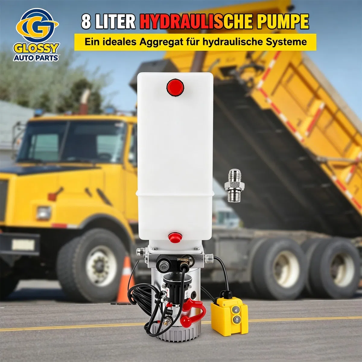 Pompe hydraulique 8 litres 12 V remorque camion camion benne basculante plastique compatible avec hayons de camion, nivellement de camping-car, élévateurs à ciseaux, camions à benne basculante GLOSSY