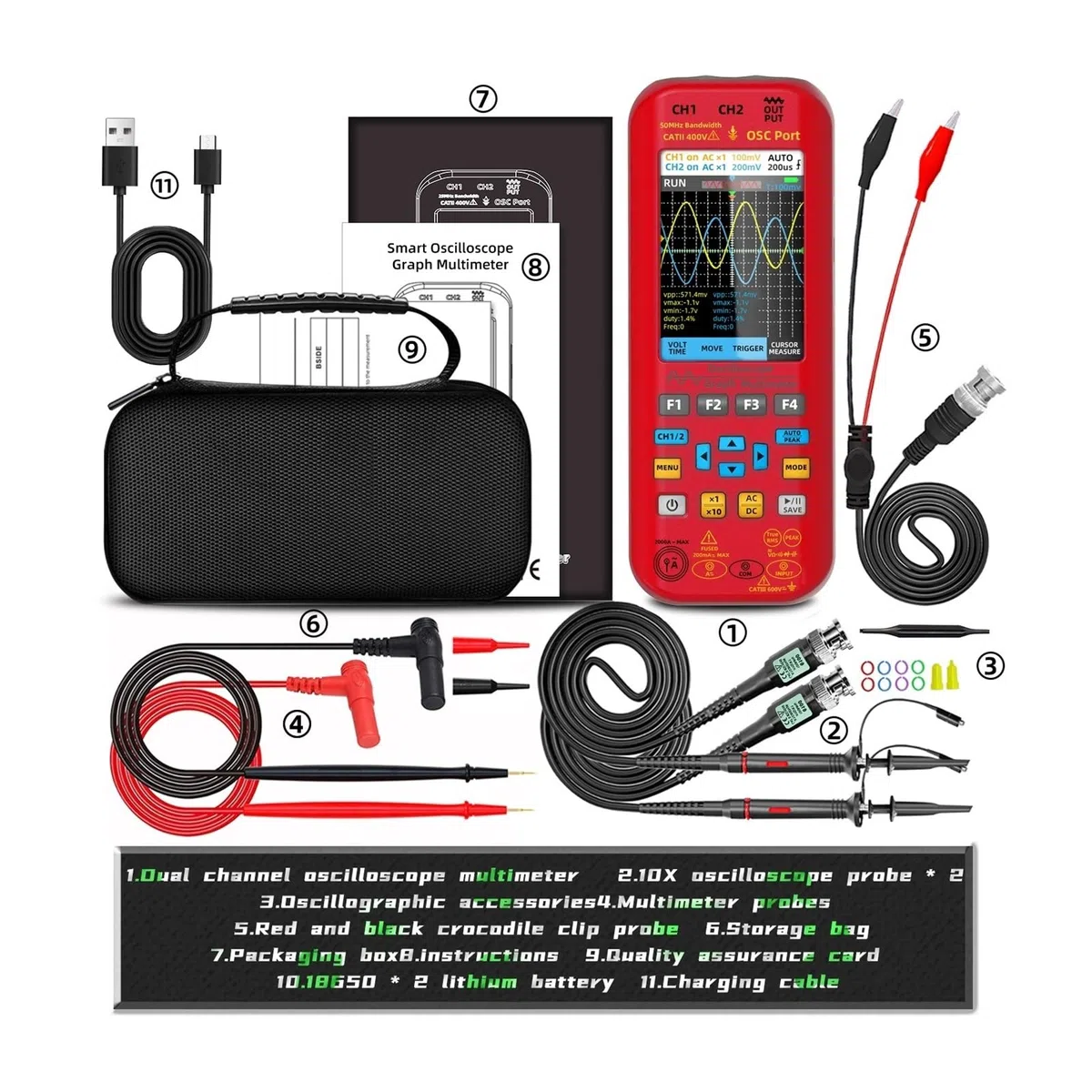 Oscilloscope portatif Double Canal O9 50MH/Z*2, multimètre numérique 20000 Mots + générateur de signaux de Fonction + Courant 2000 A