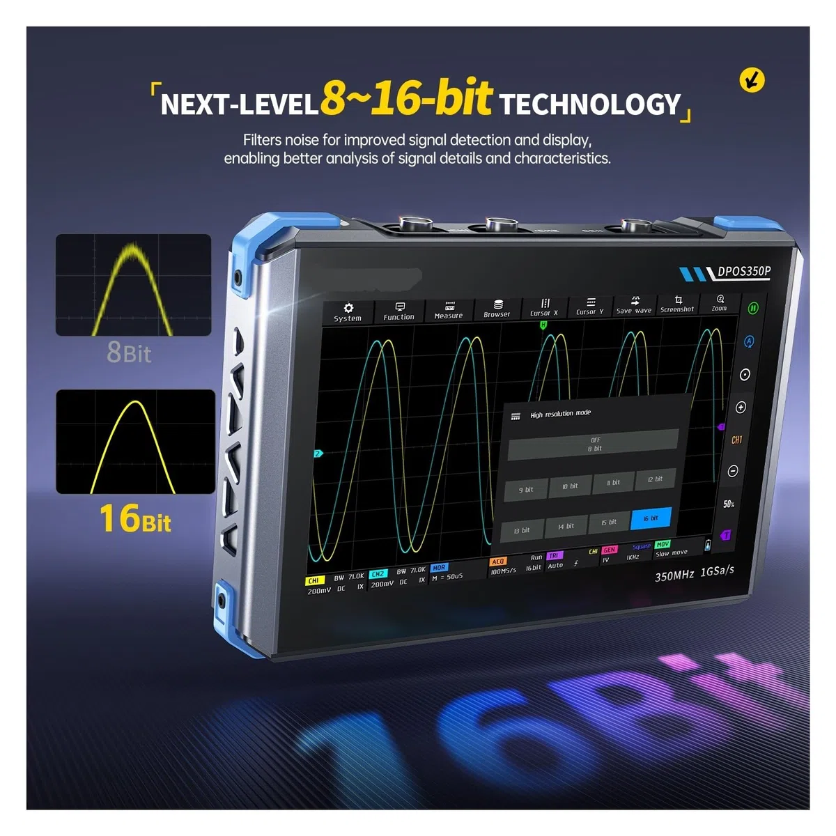 Oscilloscope IPS 7" 2 canaux 350 MHz/s, générateur de signaux 1 Géch/s, analyseur de réponse en fréquence spectrale 50 MHz/s, mémoire 60 kbit/s