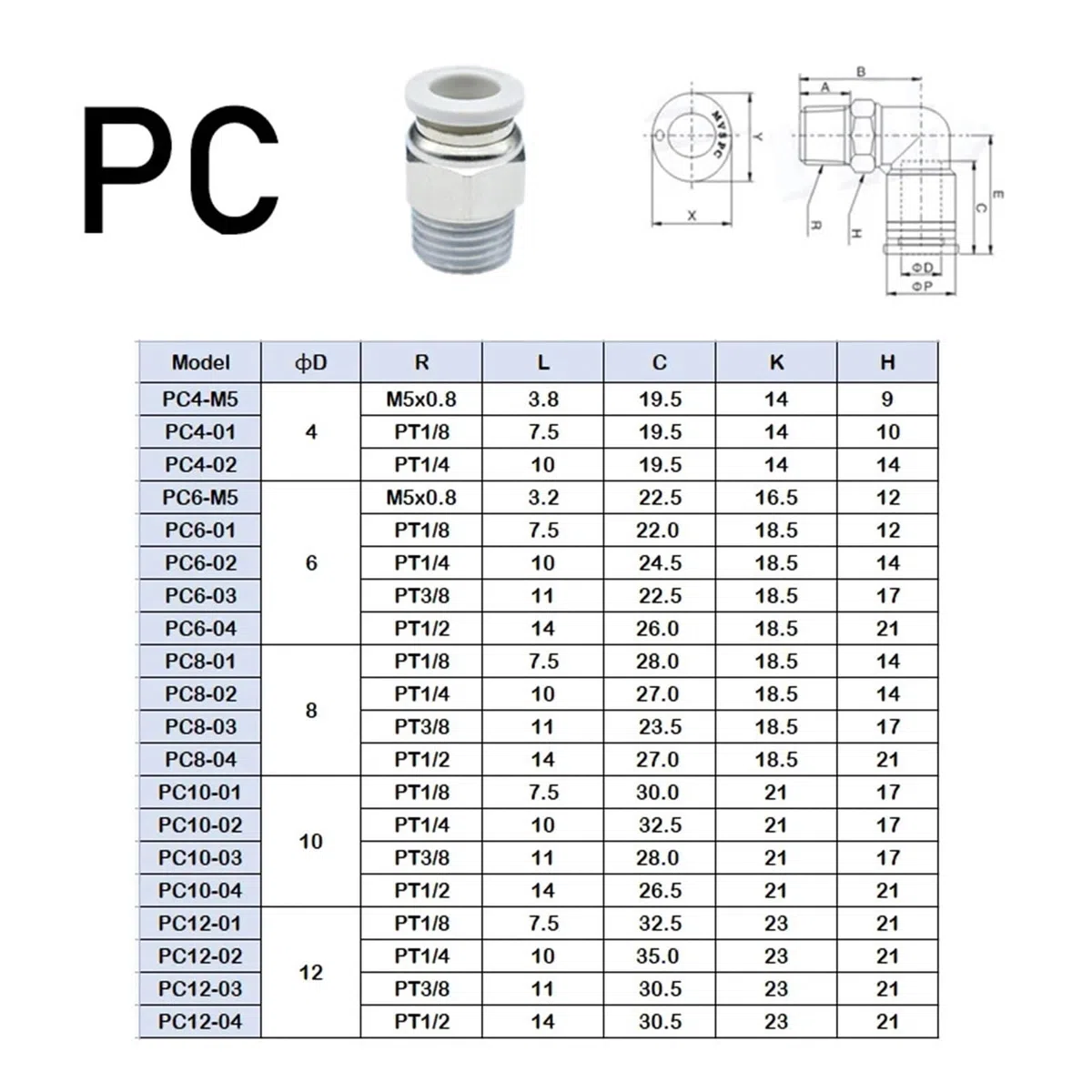 Lot de 10 raccords pneumatiques à dégagement rapide pour tuyau d'air PC/PCF/PL/SL/PB/PX Blanc